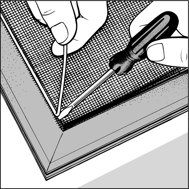 Figure 3-6: Pry out the old spline from the groove in the frame of the aluminum screen. Work carefully, and you can reuse the spline.